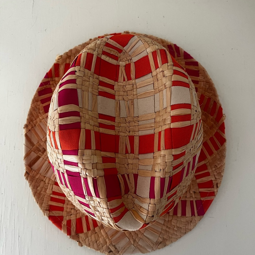 Jonathan Adler Straw Ribbon Orange and Pink Fedora Hat - Picture 8 of 10